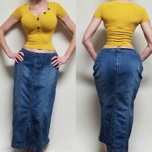 90s Vintage Vezucci Mid Wash Stretchy Sequin Mermaid Hem Denim Midi Skirt 12